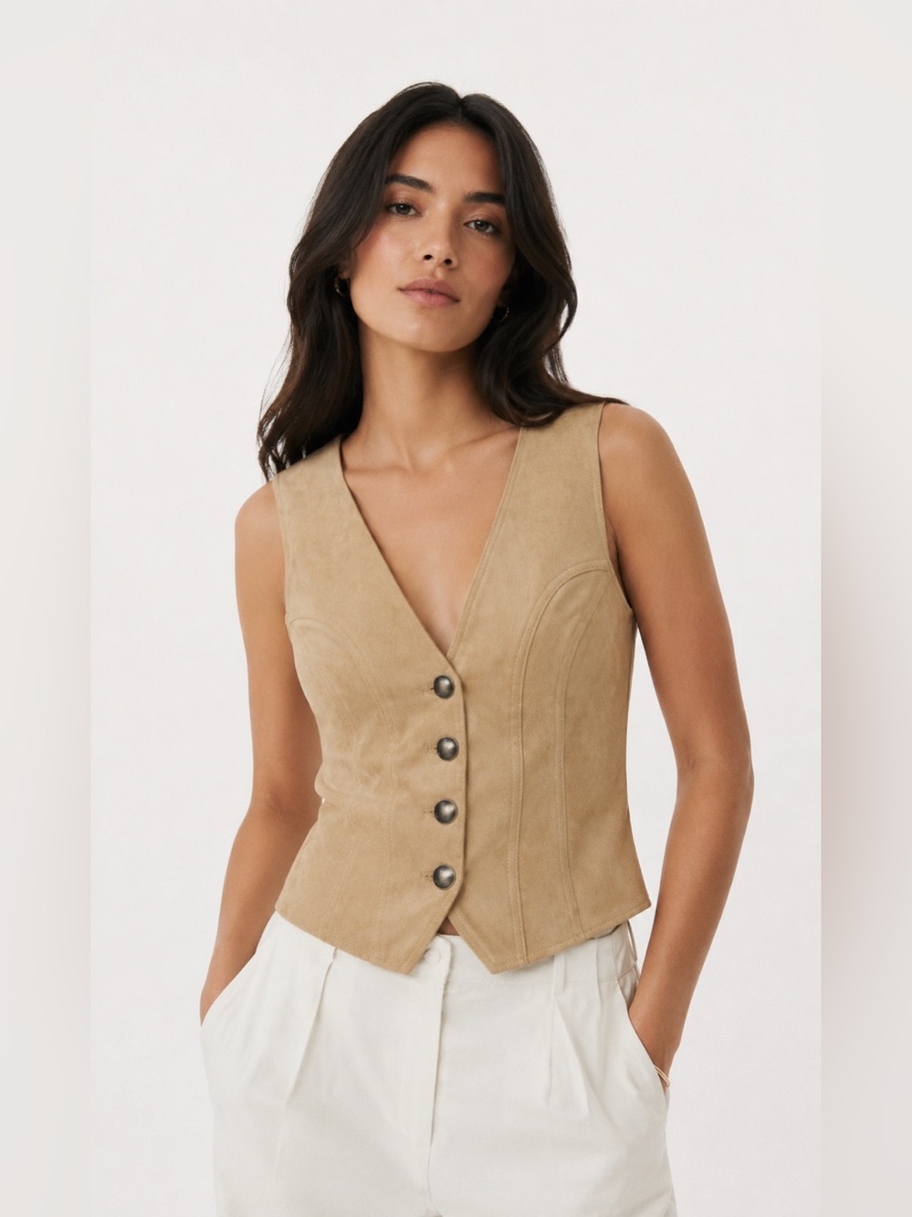 Zara NWT Beige Faux Suede Tailored Button Front Vest - Minimalist Chic